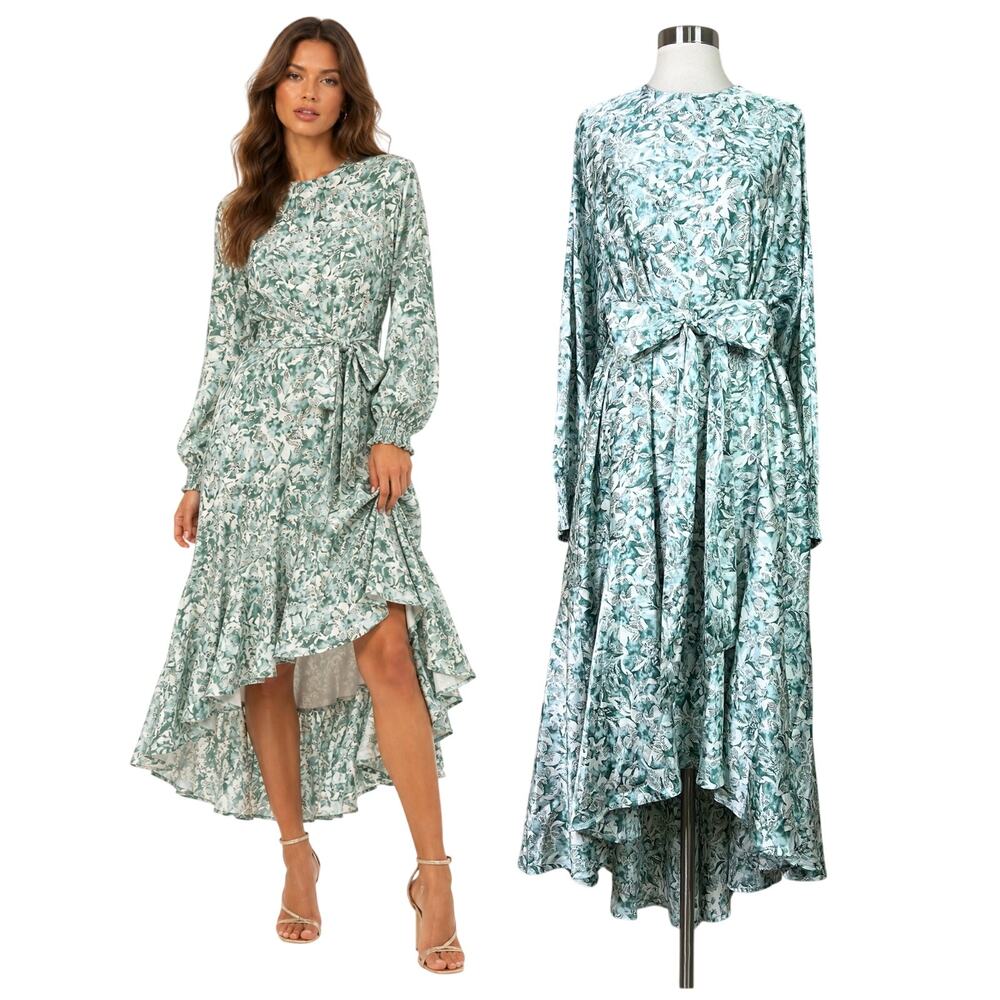NEW Aleeza Paris | Onyx Leaf Print Long Sleeve Tie Waist High Low Maxi Dress L